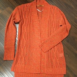 Deep orange Cardi w/multi-colored yarn design-Sz S